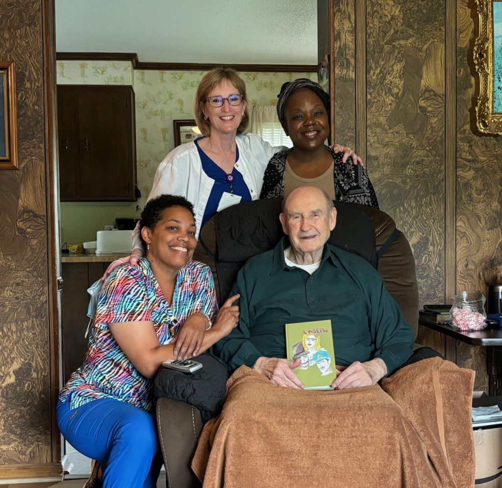 Mr. Elwood Shreve with his Ancora care team – from left, Kathy Johnson, CAN, Hospice Aide; Carol Vanderwerf, RN, Nurse Case Manager; Allantra Lewis, MSW, LCSWA, Social Worker